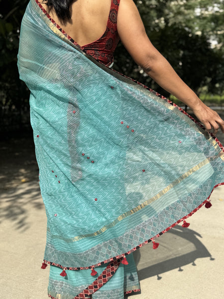 Embroidered pallu & patchwork border- kota doria saree