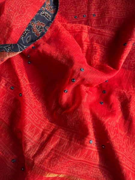 Best Seller -Embroidered pallu & patchwork border- kota doria saree