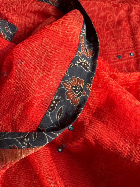 Best Seller -Embroidered pallu & patchwork border- kota doria saree