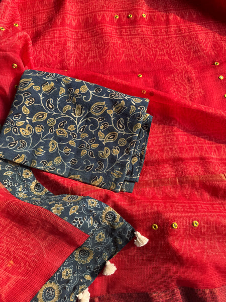 Best Seller -Embroidered pallu & patchwork border- kota doria saree