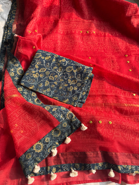 Best Seller -Embroidered pallu & patchwork border- kota doria saree