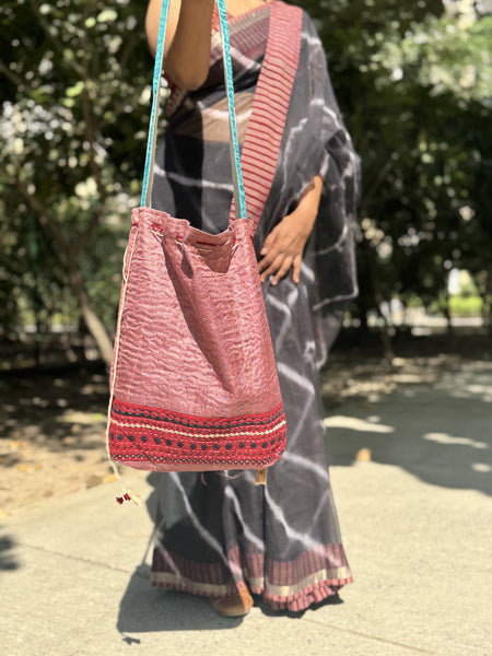 Ajrakh blockprinted Mashru Silk Embroidered Potli Style Bag