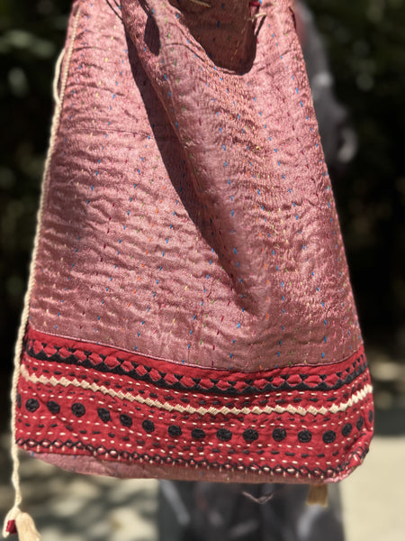 Ajrakh blockprinted Mashru Silk Embroidered Potli Style Bag