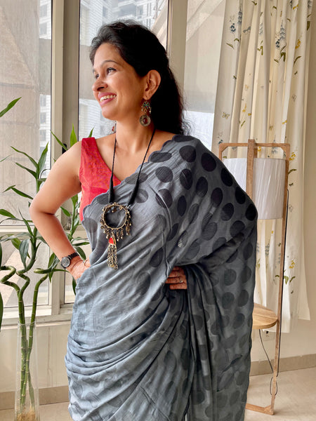 Modal voile self designed grey saree - with semi silk green BP