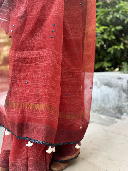 Embroidered pallu & patchwork border- kota doria saree