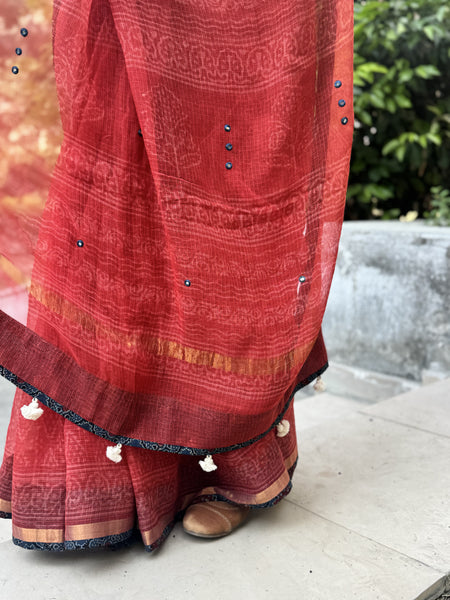 Embroidered pallu & patchwork border- kota doria saree