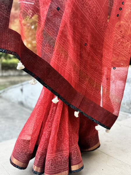 Embroidered pallu & patchwork border- kota doria saree