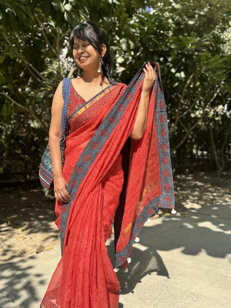 Embroidered pallu & patchwork border- kota doria saree