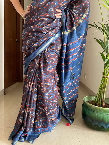 Cotton hand block printed saree with zari border
