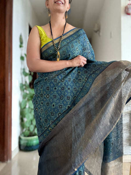 Ajrakh Block Printed Handwoven Linen Naturally Dyed Saree