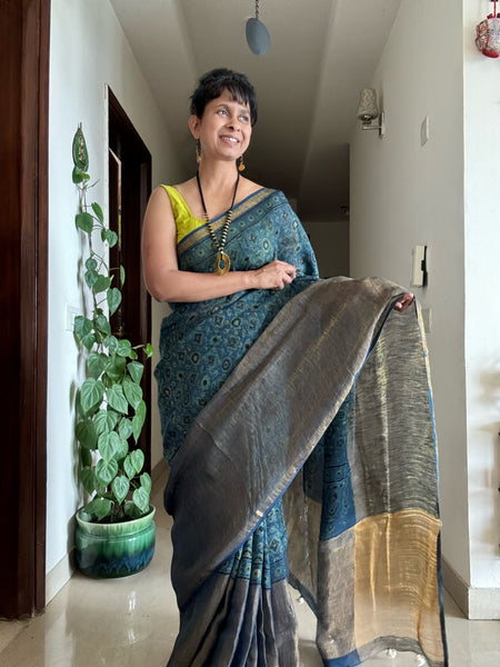 Ajrakh Block Printed Handwoven Linen Naturally Dyed Saree