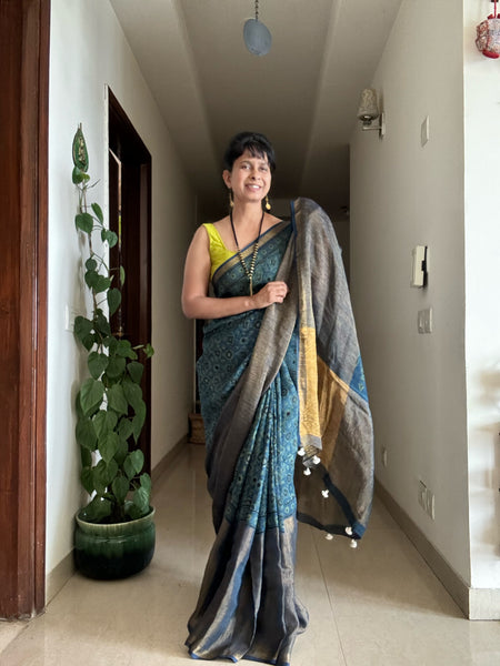 Ajrakh Block Printed Handwoven Linen Naturally Dyed Saree