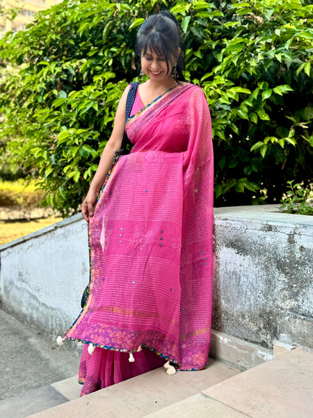 Embroidered pallu & patchwork border- kota doria saree