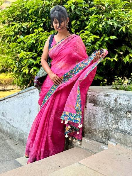 Embroidered pallu & patchwork border- kota doria saree