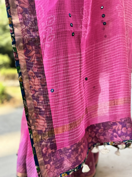 Embroidered pallu & patchwork border- kota doria saree