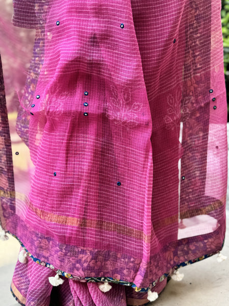 Embroidered pallu & patchwork border- kota doria saree