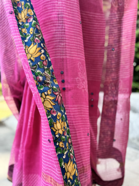 Embroidered pallu & patchwork border- kota doria saree