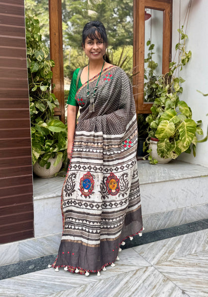 Embroidered Patchwork Pallu- Cotton Silk Block Printed Saree