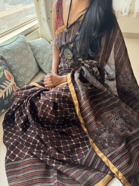 Ajrakh Block Printed Handwoven Linen Saree