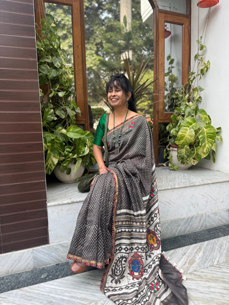 Embroidered Patchwork Pallu- Cotton Silk Block Printed Saree