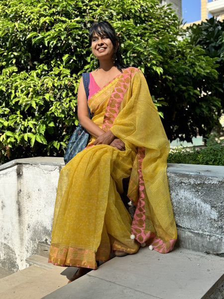 Embroidered pallu & patchwork border- kota doria saree