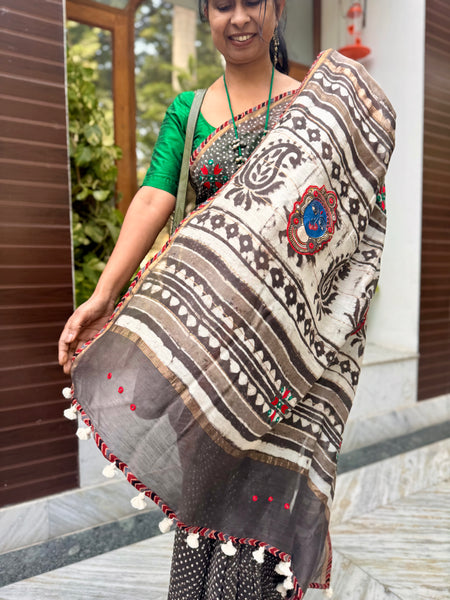 Embroidered Patchwork Pallu- Cotton Silk Block Printed Saree