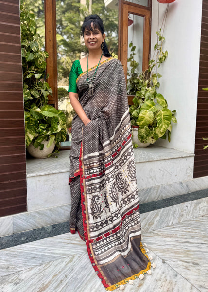 Embroidered Pallu & Ajrakh Patchwork Border- Cotton Silk Block Printed Saree