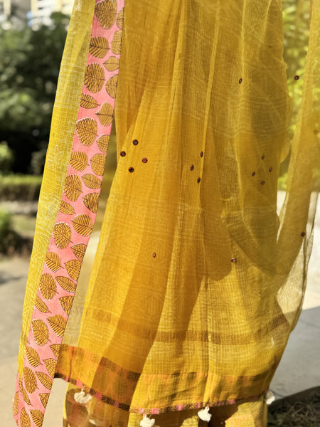 Embroidered pallu & patchwork border- kota doria saree