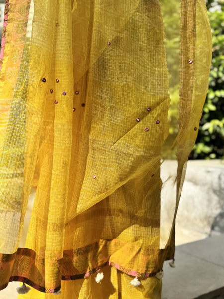 Embroidered pallu & patchwork border- kota doria saree