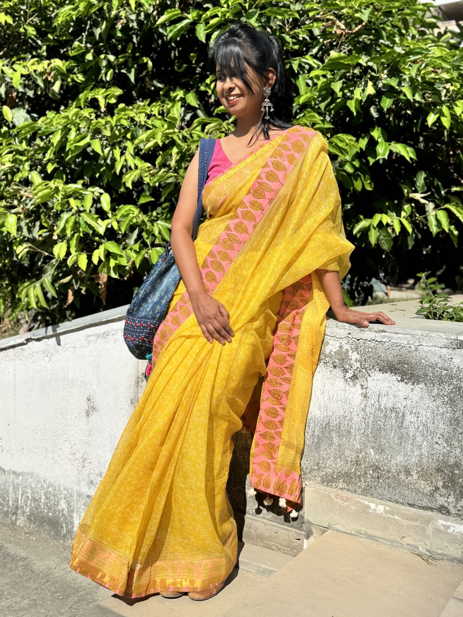 Embroidered pallu & patchwork border- kota doria saree