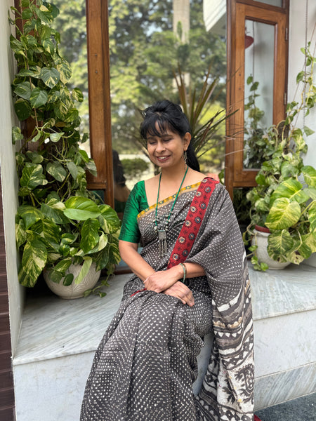 Embroidered Pallu & Ajrakh Patchwork Border- Cotton Silk Block Printed Saree