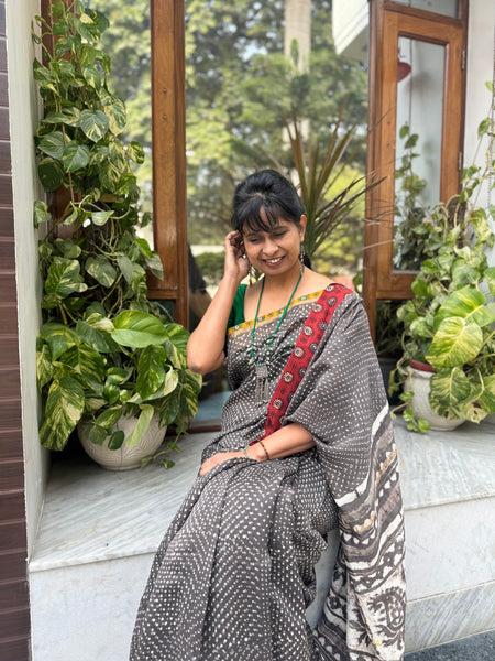 Embroidered Pallu & Ajrakh Patchwork Border- Cotton Silk Block Printed Saree