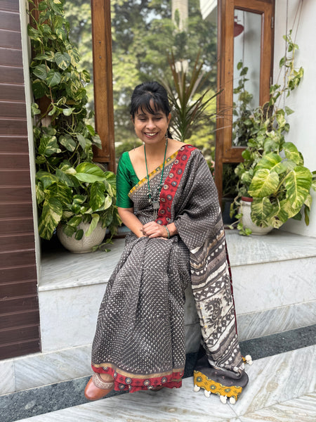 Embroidered Pallu & Ajrakh Patchwork Border- Cotton Silk Block Printed Saree