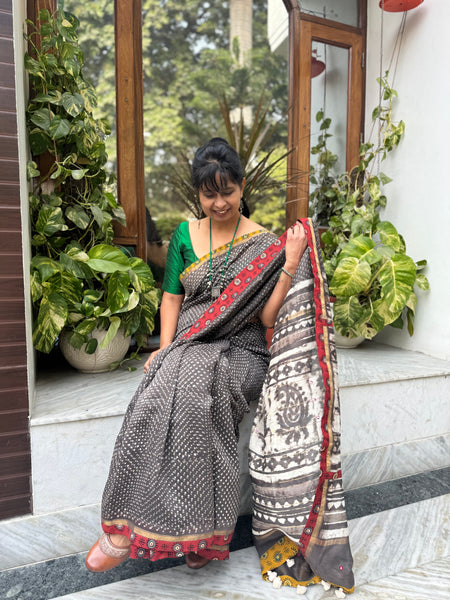 Embroidered Pallu & Ajrakh Patchwork Border- Cotton Silk Block Printed Saree