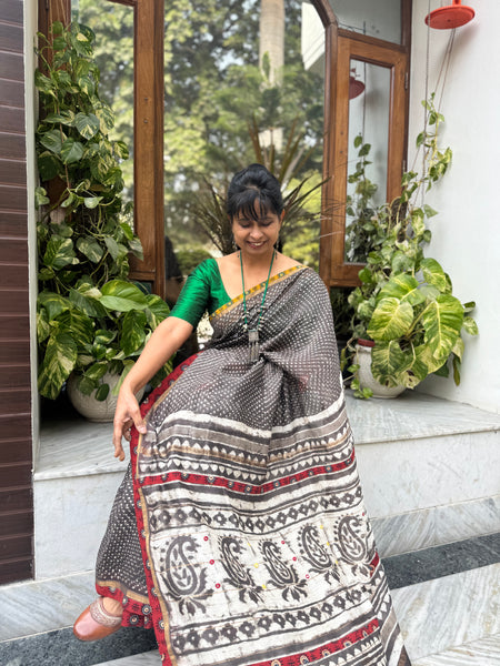 Embroidered Pallu & Ajrakh Patchwork Border- Cotton Silk Block Printed Saree