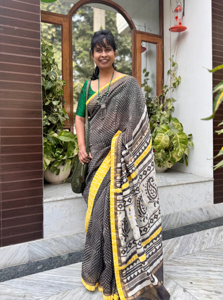 Embroidered Pallu & Soft Ikkat Patchwork Border- Cotton Silk Block Printed Saree