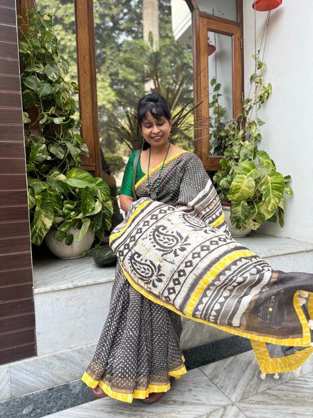 Embroidered Pallu & Soft Ikkat Patchwork Border- Cotton Silk Block Printed Saree