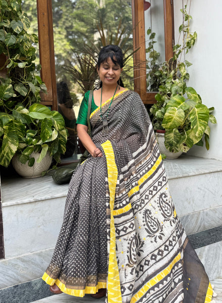 Embroidered Pallu & Soft Ikkat Patchwork Border- Cotton Silk Block Printed Saree