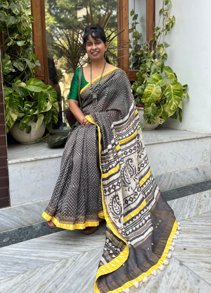 Embroidered Pallu & Soft Ikkat Patchwork Border- Cotton Silk Block Printed Saree