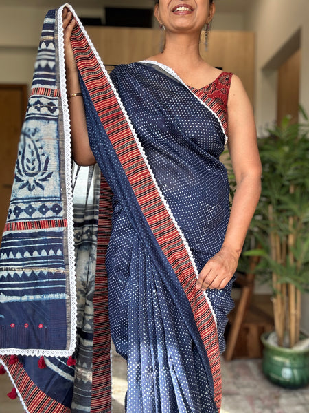 Cotton Silk Block Printed Saree- Lace + Inside Border + Embroidery