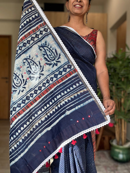 Cotton Silk Block Printed Saree- Lace + Inside Border + Embroidery