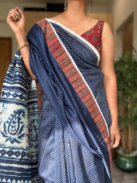 Cotton Silk Block Printed Saree- Lace + Inside Border + Embroidery