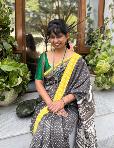 Embroidered Pallu & Soft Ikkat Patchwork Border- Cotton Silk Block Printed Saree