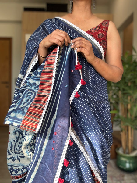 Cotton Silk Block Printed Saree- Lace + Inside Border + Embroidery