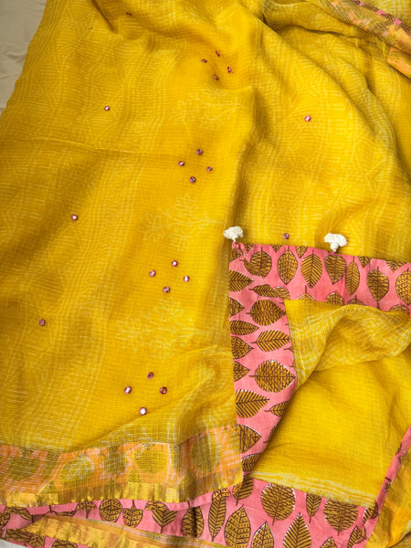 Embroidered pallu & patchwork border- kota doria saree