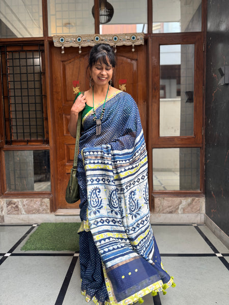 Embroidered Pallu & Patchwork Border- Cotton Silk Block Printed Saree