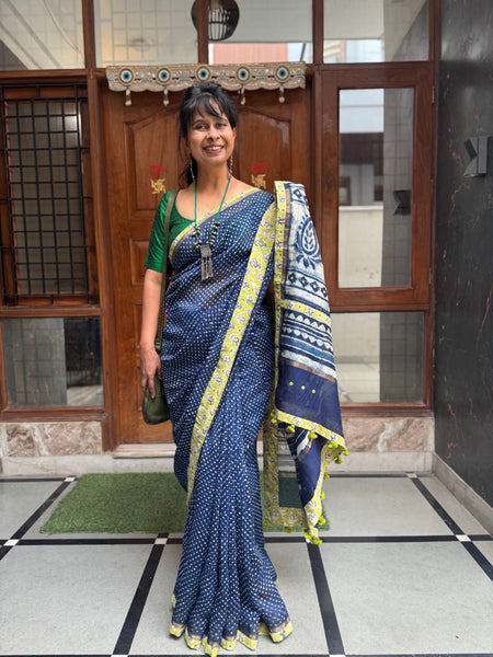 Embroidered Pallu & Patchwork Border- Cotton Silk Block Printed Saree