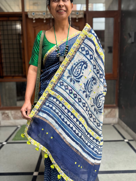 Embroidered Pallu & Patchwork Border- Cotton Silk Block Printed Saree