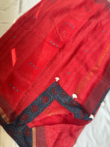 Embroidered pallu & patchwork border- kota doria saree