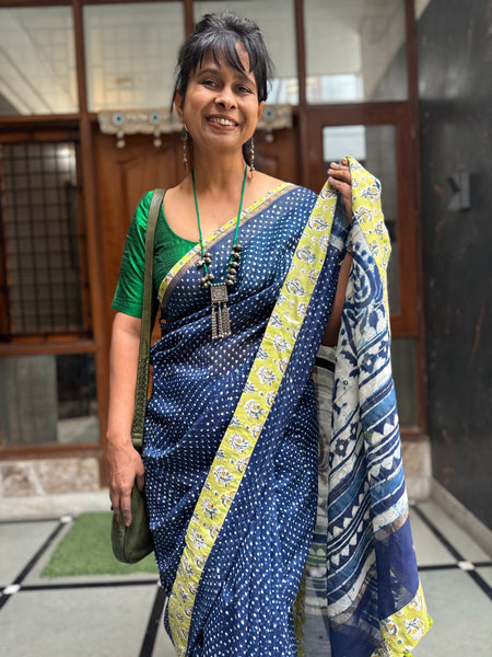 Embroidered Pallu & Patchwork Border- Cotton Silk Block Printed Saree